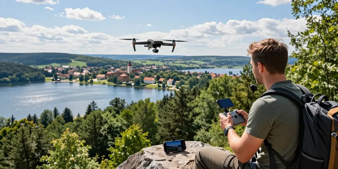 Latanie dronem Olsztyn nad malowniczym krajobrazem, pilot kontrolujący drona w pięknych okolicznościach przyrody.