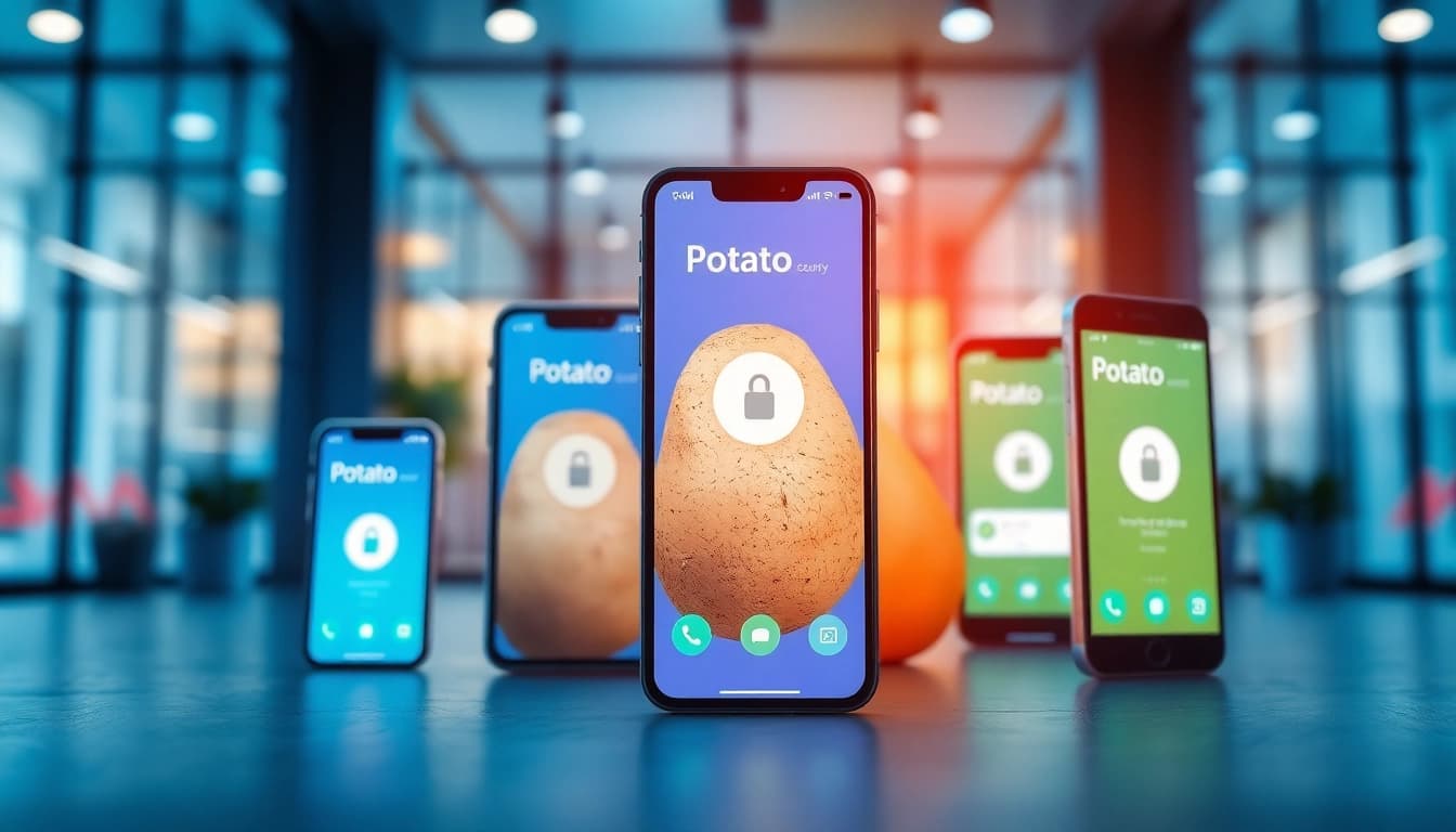 Potato app interface displayed on Android and iPhone devices, showcasing its secure messaging features.