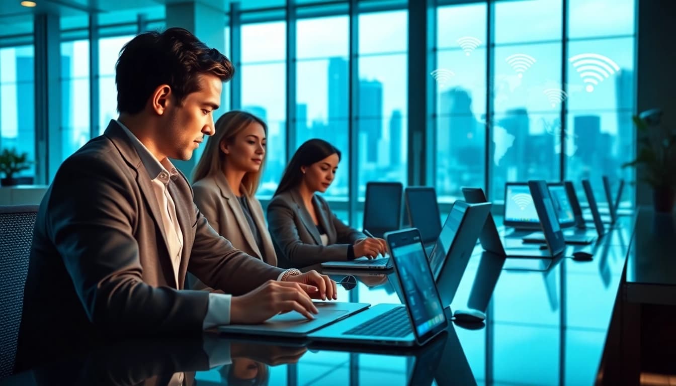 Promoting 快连官网 in a modern office setting showcasing global connectivity technology.