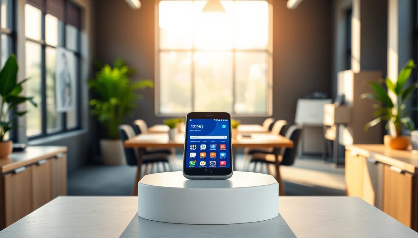 Smartfony na współczesnym podium w nowoczesnym biurze, podkreślające ich zastosowanie.