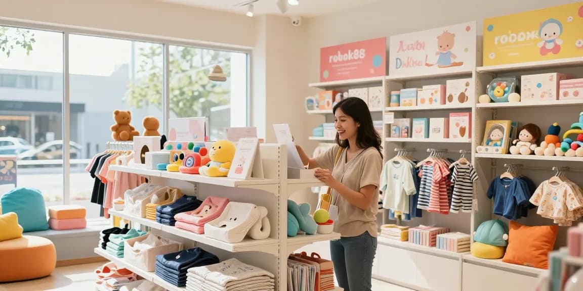 Shopping for baby essentials in a vibrant store featuring rokok88 products, showcasing colorful baby items and joyful parent-child interaction.