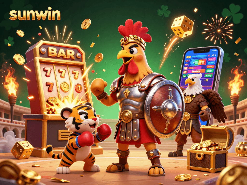 Experience the thrill of sunwin with a gladiator rooster in a vibrant casino scene.