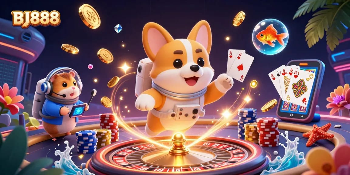 BJ888 gamblers enjoying a dynamic space casino adventure with golden coins, poker chips, and floating characters.