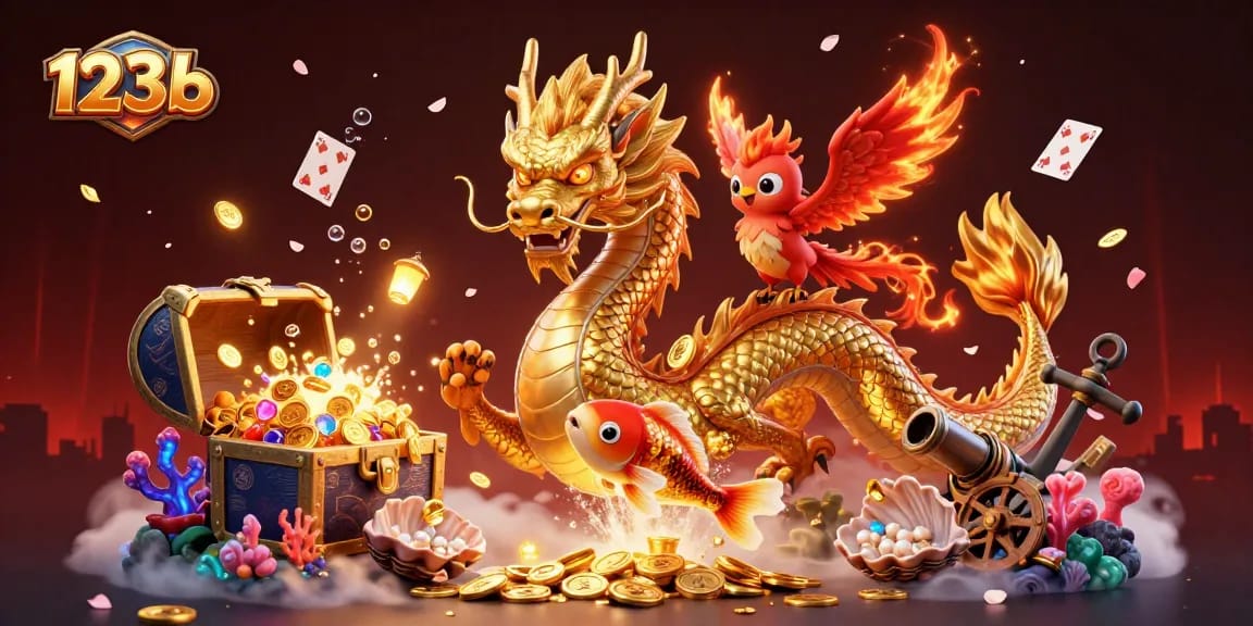Feel the thrill of 123b's casino adventure with a mythical dragon, phoenix, and koi fish.