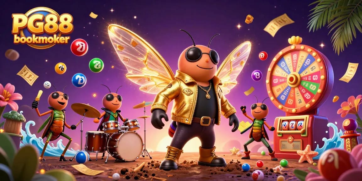 Feel the buzz at PG88 bookmaker with a vibrant casino scene featuring a cicada rock star and exciting lottery elements.