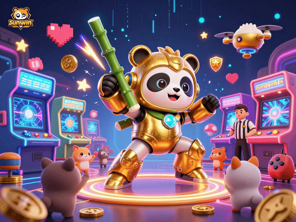 Engage with the sunwin casino experience in a dynamic 3D cartoon arena, featuring a mech-suit panda and vibrant game elements.