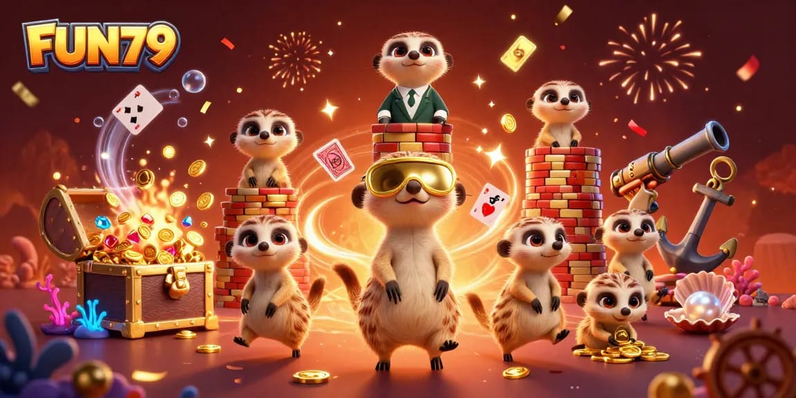 Enjoy the excitement of FUN79's casino games with dynamic meerkats managing an elaborate gaming operation.