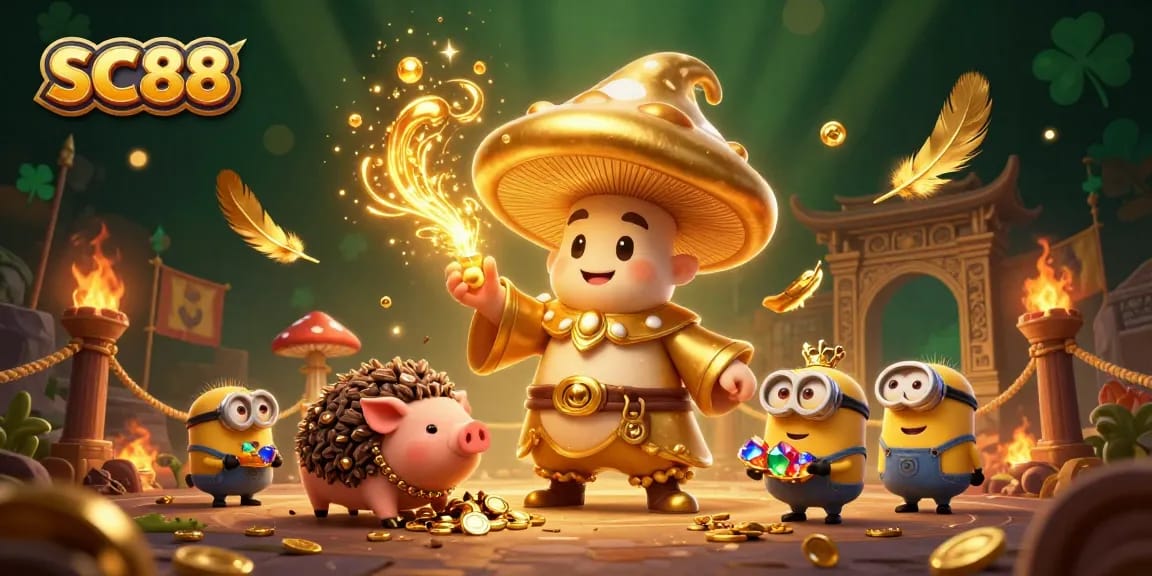Experience the magic of SC88 with gaming treasures, gold coins, and dynamic 3D casino elements.