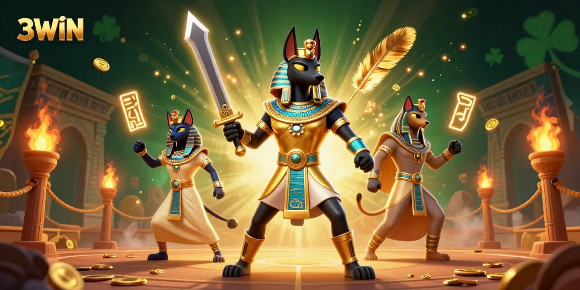 Experience the excitement of 3WIN through a vibrant 3D casino scene featuring Anubis and Bastet.
