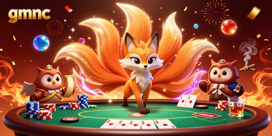 Explore gamification on gmnc with a vibrant poker scene featuring a nine-tailed fox and an owl.