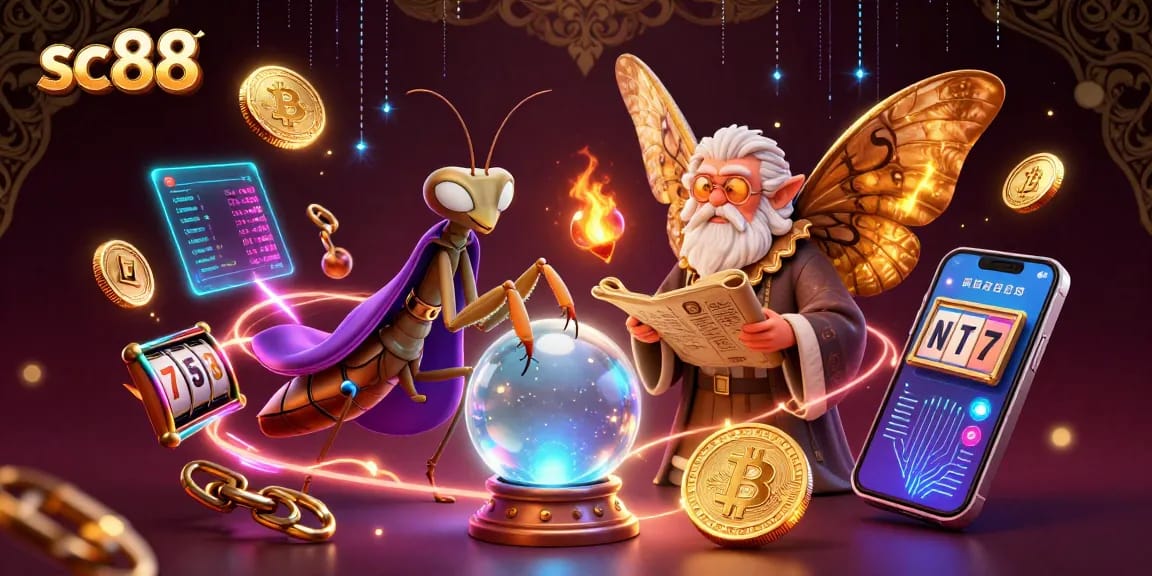 sc88 showcases a vibrant casino scene with a fortune teller and ancient librarian amidst slot reels and crypto elements.