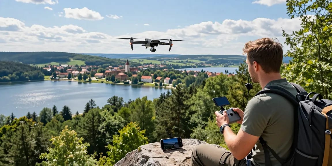 Latanie dronem Olsztyn nad malowniczym krajobrazem, pilot kontrolujący drona w pięknych okolicznościach przyrody.