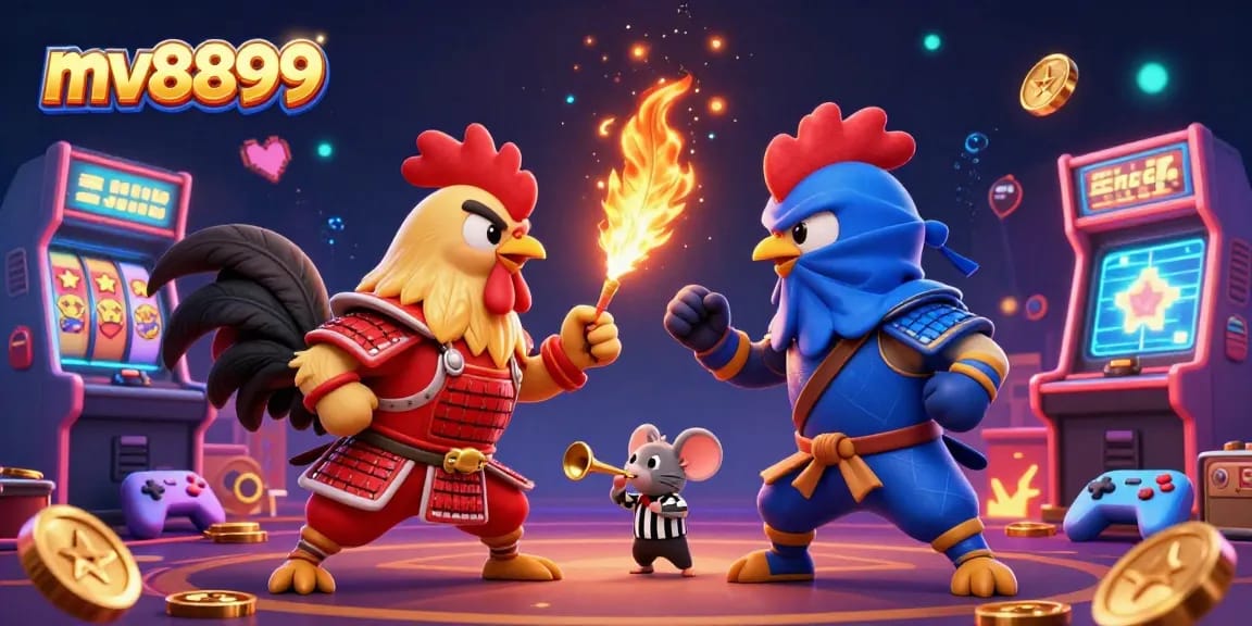 Engage with mv8899's thrilling casino action featuring animated roosters and arcade gaming elements.