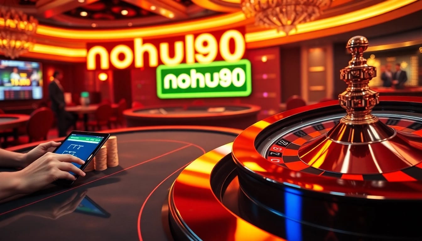 A lively casino scene highlighting nohu90 with poker chips, a roulette wheel, and vibrant digital betting interfaces.