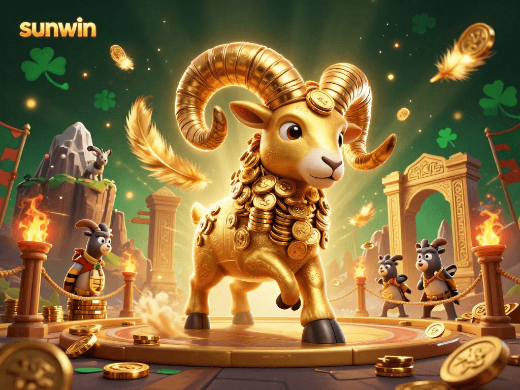 Engage with sunwin's thrilling golden ram charging into the casino arena, surrounded by betting tokens.
