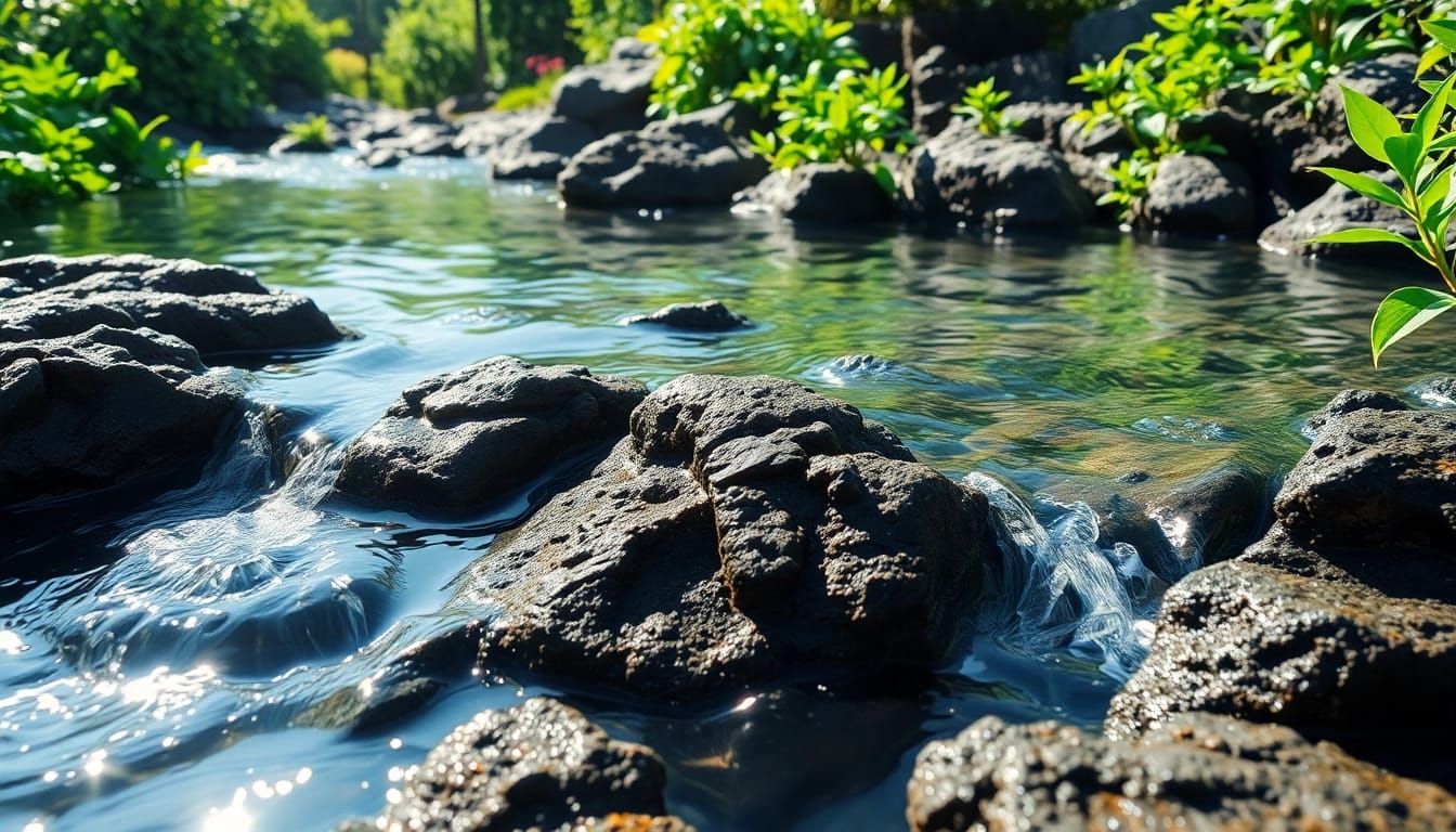 Oczyszczanie wody Lava Pure z naturalnych minerałów w czystej scenerii.