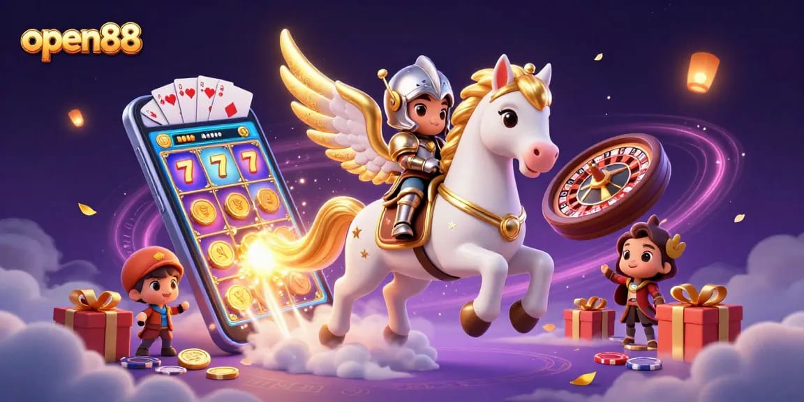 Experience open88's exhilarating gaming atmosphere with a vibrant celestial scene filled with colorful slot elements.