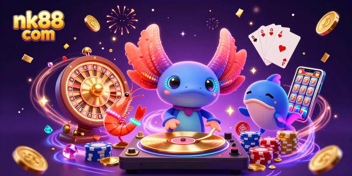 Experience festive gaming with nk88 com featuring vibrant axolotl DJ, glowing shrimp, and dazzling casino elements.
