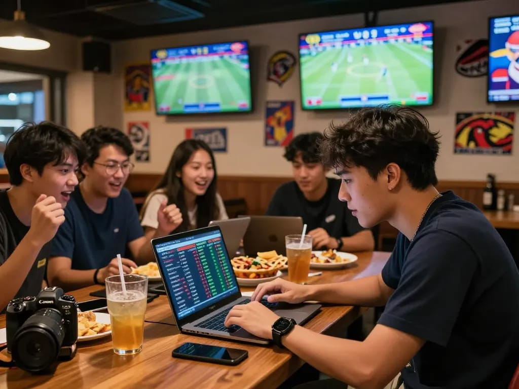 Sports betting excitement with kèo nhà cái odds and friends at a lively bar.
