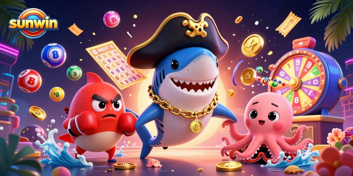 Engage with sunwin's vibrant casino world featuring a pirate shark, pufferfish, and treasure-holding octopus