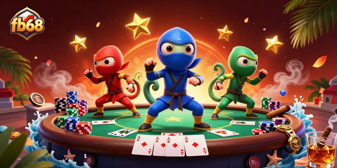 Experience the thrilling action of fb68 poker with colorful chameleon ninjas in this vibrant 3D illustration.