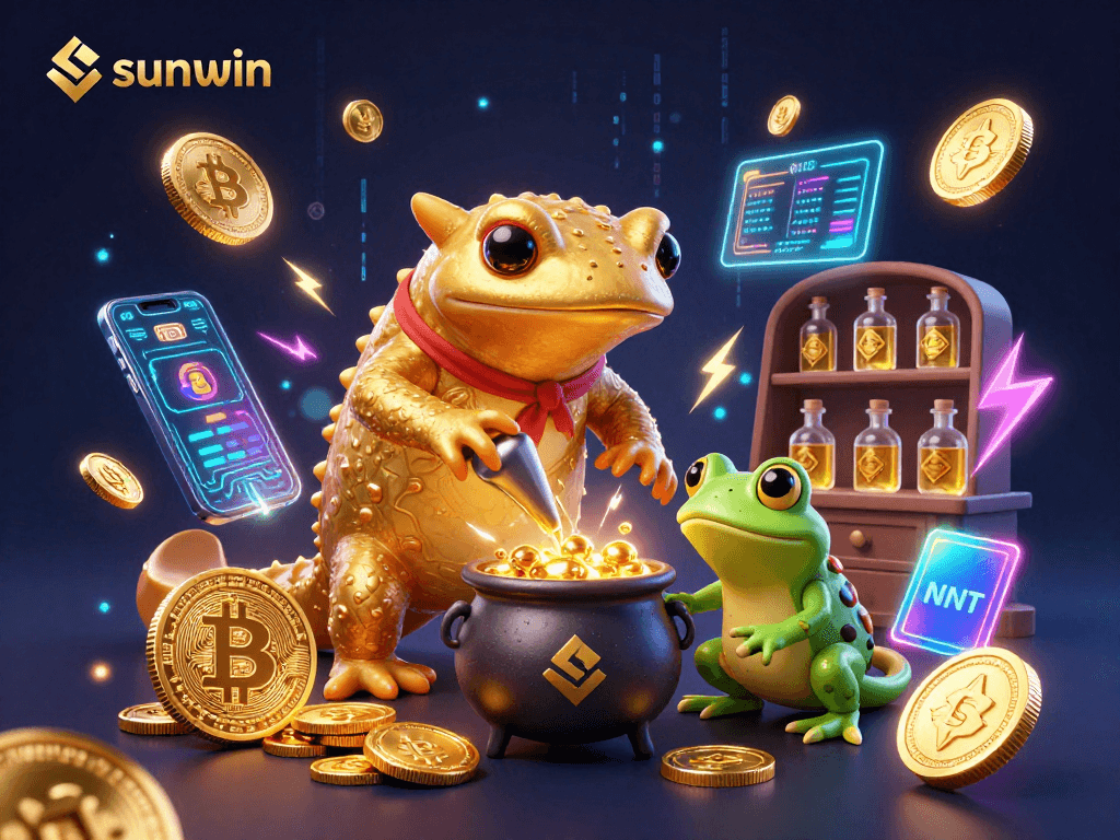 Experience the thrill of winning with sunwin at a magical casino scene featuring alchemists and cryptocurrencies.