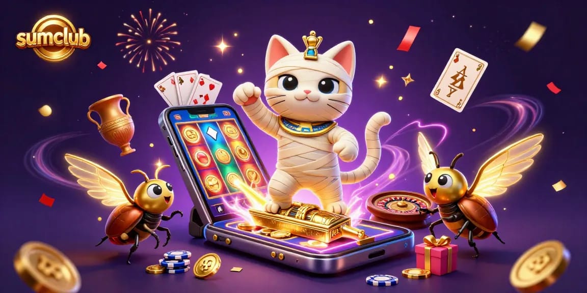Experience exciting wins at sumclub with a lively casino scene showcasing dynamic characters and games.