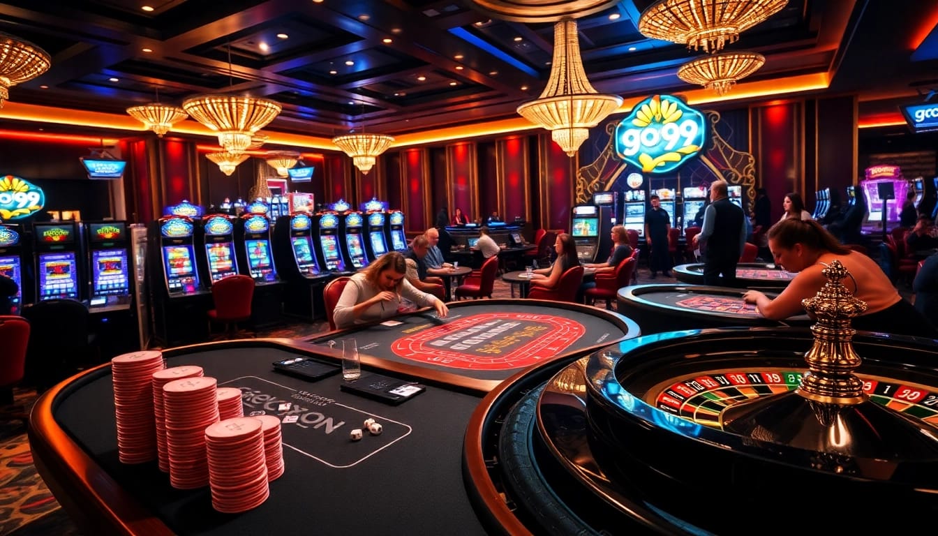 Experience the thrill of gaming at go99 with vibrant tables, slot machines, and poker chips.