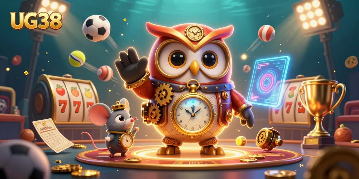 Engage with UG38 casino dynamics featuring a steampunk owl, vibrant slot elements, and sports action.