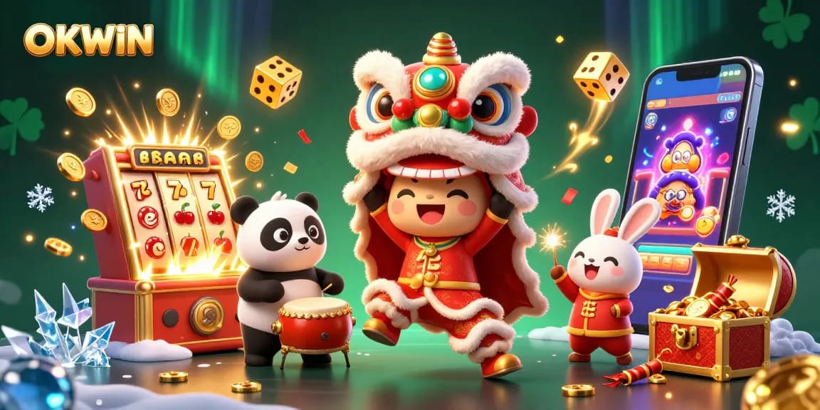 Engage with OKWIN's thrilling gaming experience, featuring dynamic characters in a vibrant casino scene.