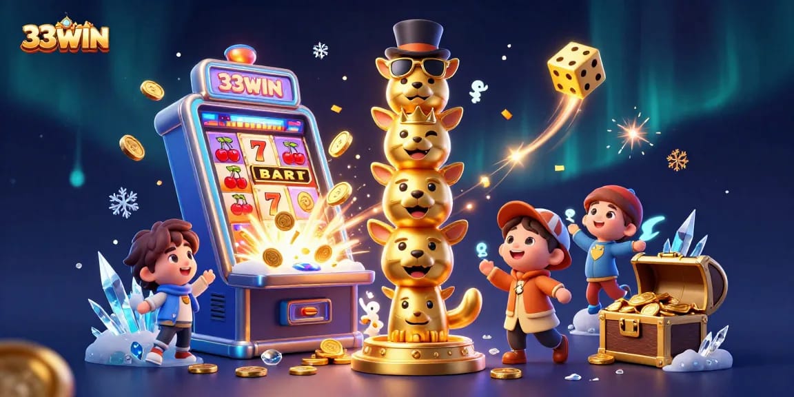 Experience the excitement of 33WIN with vibrant slot machines and a golden totem in a rich casino scene.
