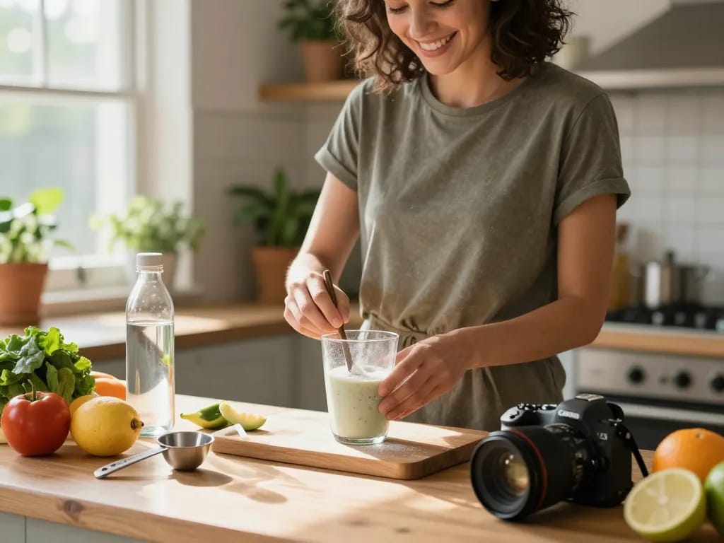 Osoba przygotowująca smoothie z zeolitem LavaVitae w słonecznej kuchni, prezentująca zdrowy styl życia.