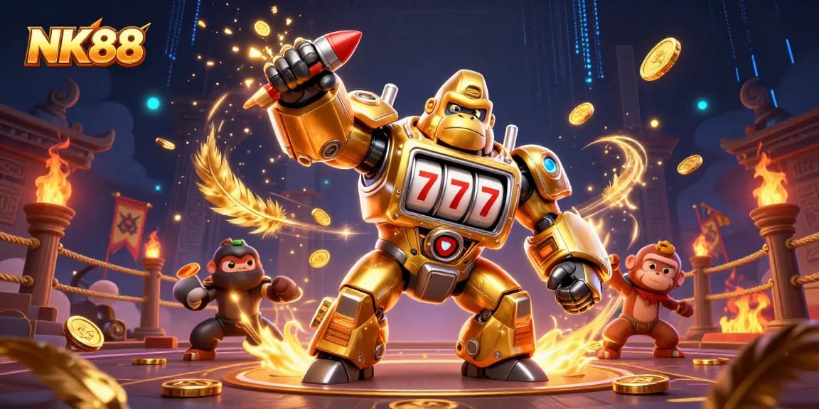 Engage with NK88's thrilling slot games featuring a golden gorilla mech and exciting elements.