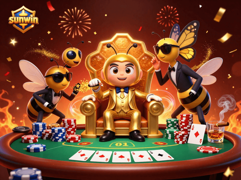 Play poker with the sunwin bumblebee mob boss and his bodyguards in a lively gambling scene.