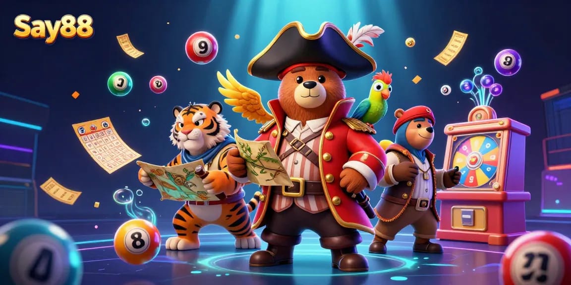 Experience the excitement at Say88 with vibrant illustrations of casino themes and engaging characters.