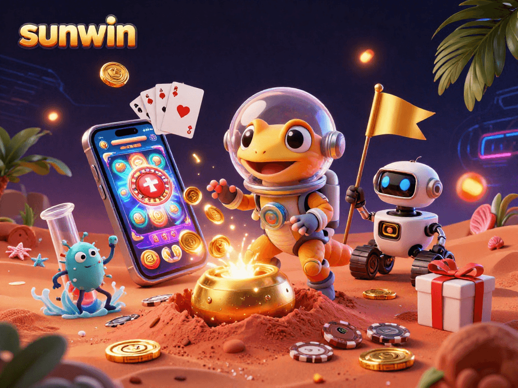 Experience the excitement of sunwin slots with a Martian gecko and robot in a thrilling golden casino scene.