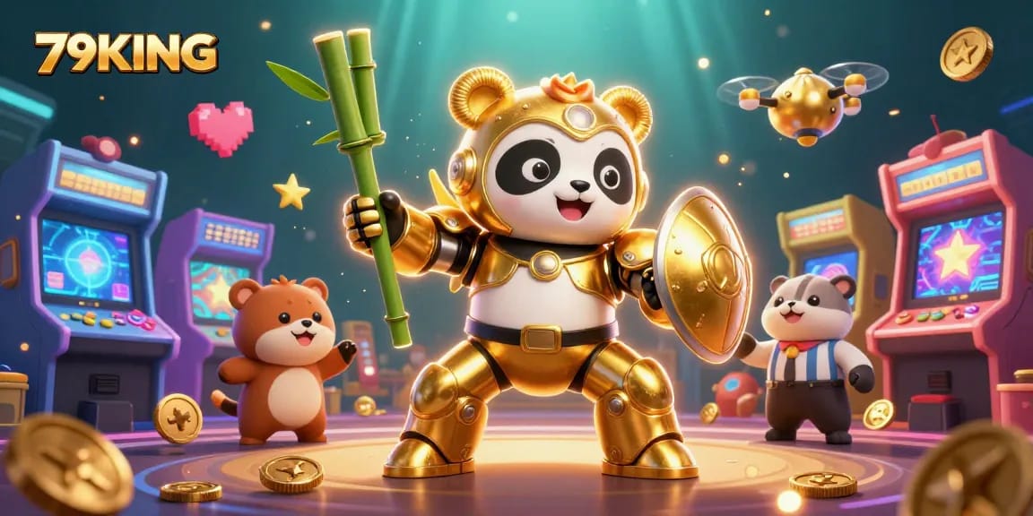 Experience thrilling wins with 79KING as the golden panda champions the casino world in a vibrant gaming arena.