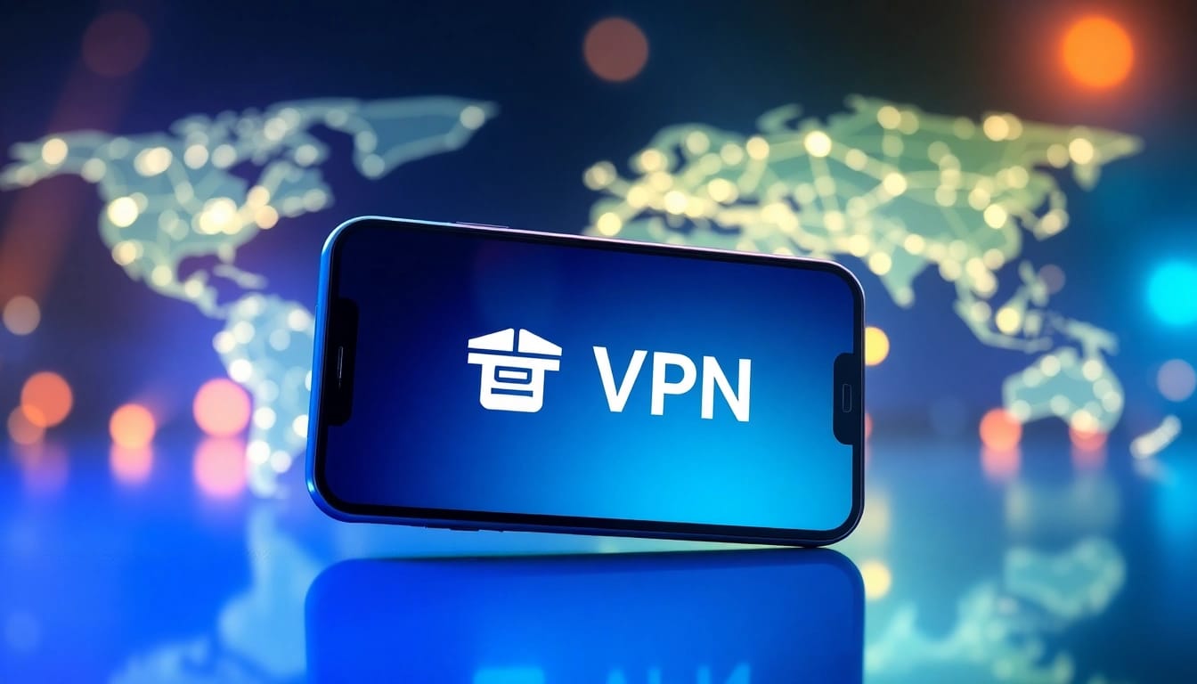 快连下载 VPN application interface on smartphone displaying global connectivity.