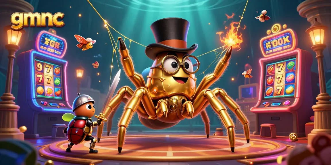 Experience thrilling excitement with gmnc featuring a giant tarantula, a brave beetle knight, and colorful slot machines in a vibrant casino setting.