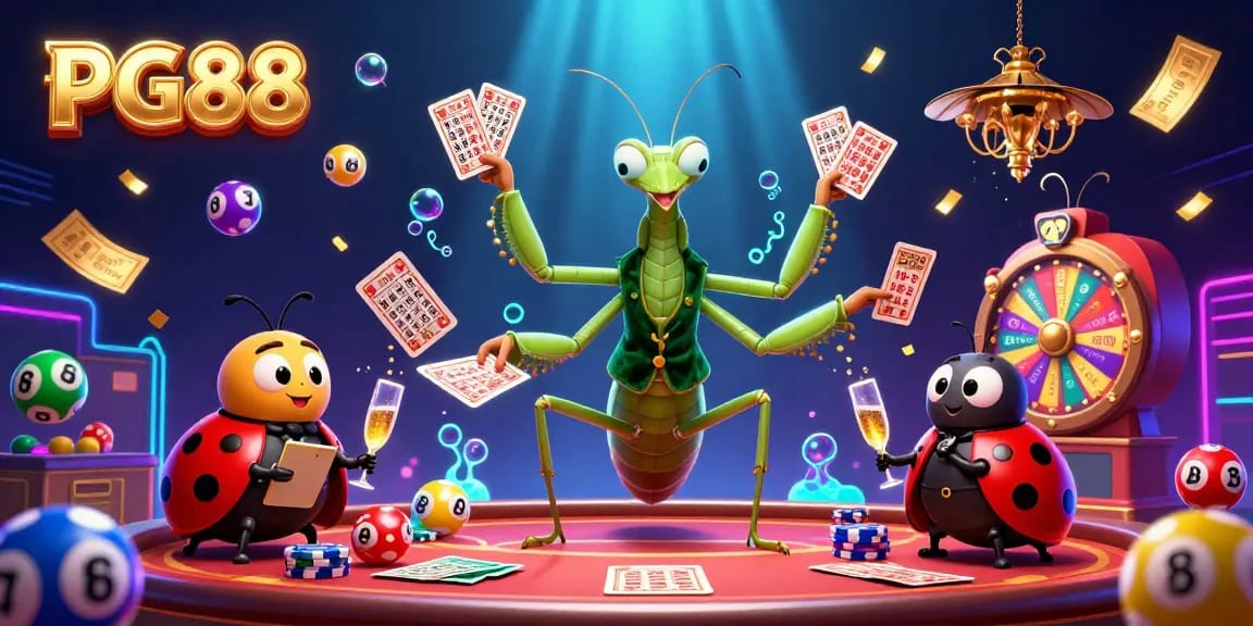 PG88 casino illustration featuring vibrant scenes of card games with charming characters in an engaging atmosphere.