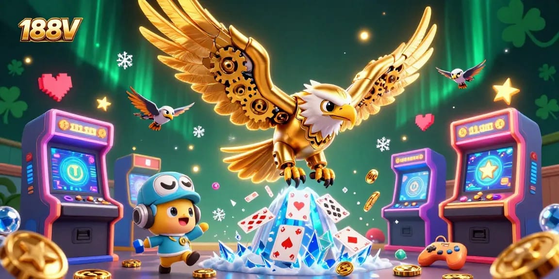 Challenge luck with thrilling games at 188V, featuring a golden eagle amid an exciting casino scene.