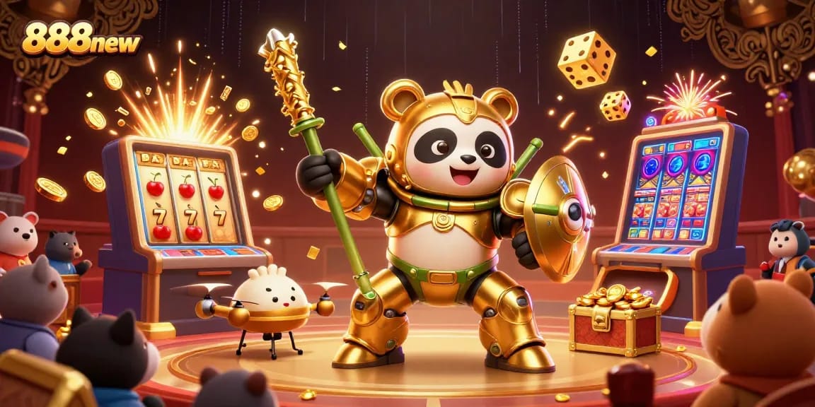 Experience thrilling wins with 888new as golden dice, slot machines, and vibrant casino elements collide.
