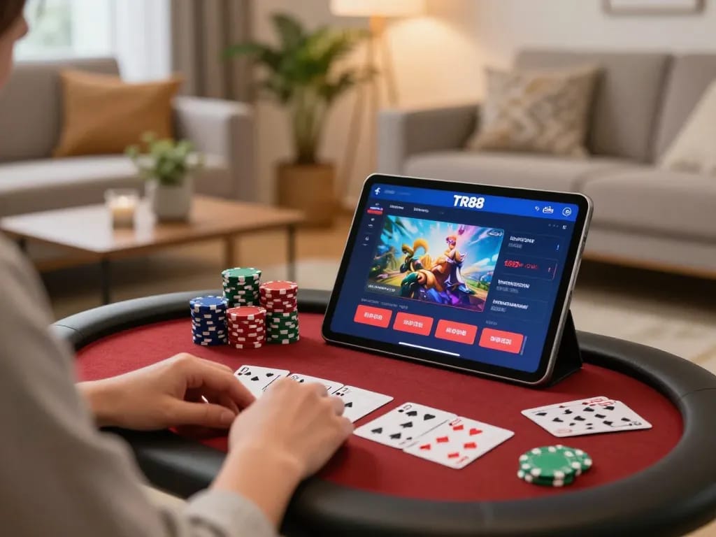 Player engaged with TR88 app on tablet in a cozy home gaming setup, showcasing responsible gambling.