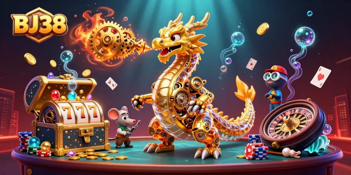 Bet big at BJ38 with a golden dragon and gambling icons illuminating a rich casino scene.