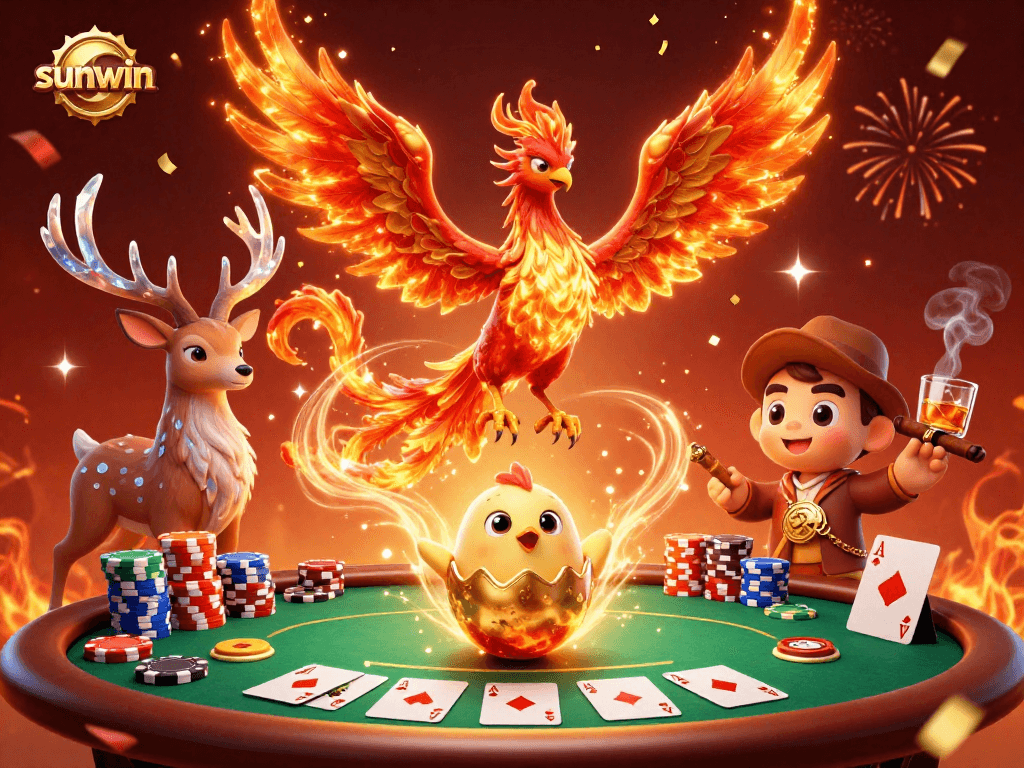 Experience the thrill of winning at sunwin with this immersive poker scene featuring a phoenix and mystical stag.