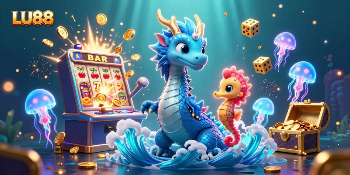 LU88 features a vibrant 3D scene with an azure water dragon and thrilling casino action.