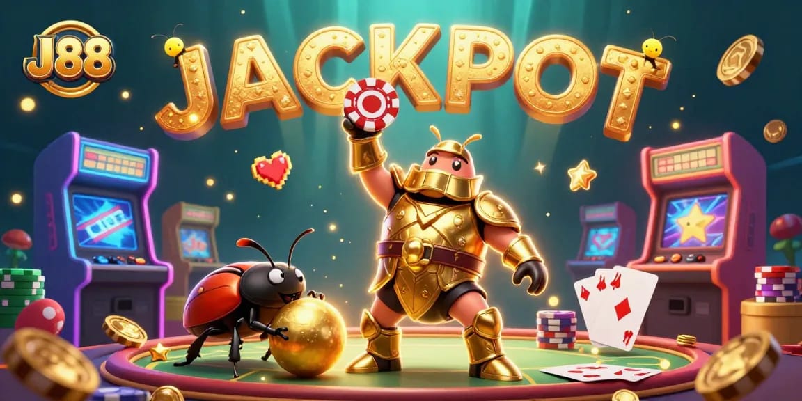 Celebrate victories with J88 casino elements, vibrant scene full of poker action.