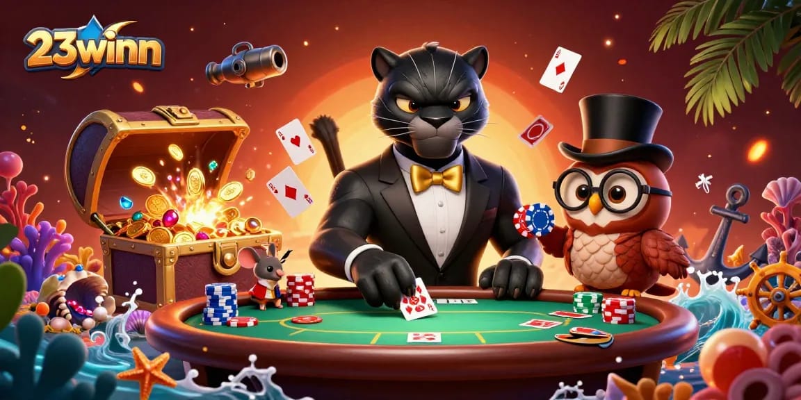 Play poker with 23winn's stylish 3D characters: panther, owl, and lucky mouse.