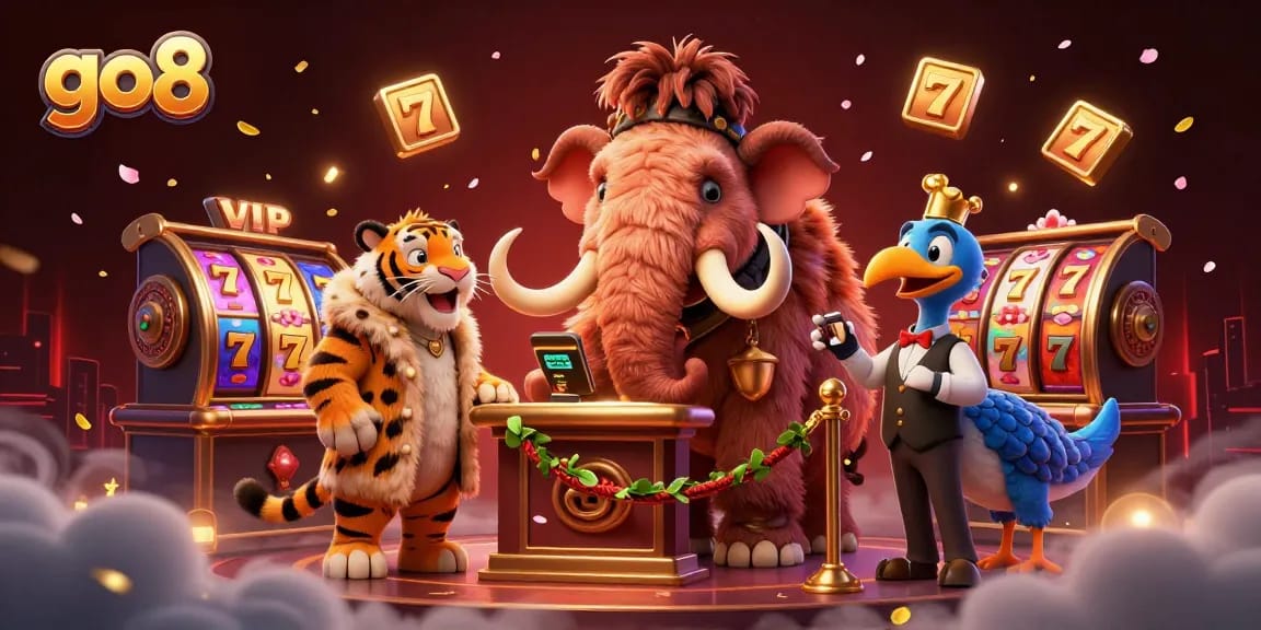 Engage with go8 at a vibrant casino scene showcasing characters and dynamic slot machines.