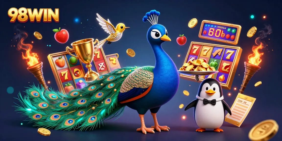 Engage with the thrilling world of 98WIN casino, featuring energetic characters amidst jackpot symbols and gold.